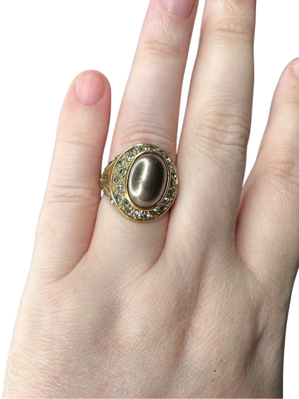 Gold Tone Oval Cabochon Ring with Crystal Halo - Women Jewelry